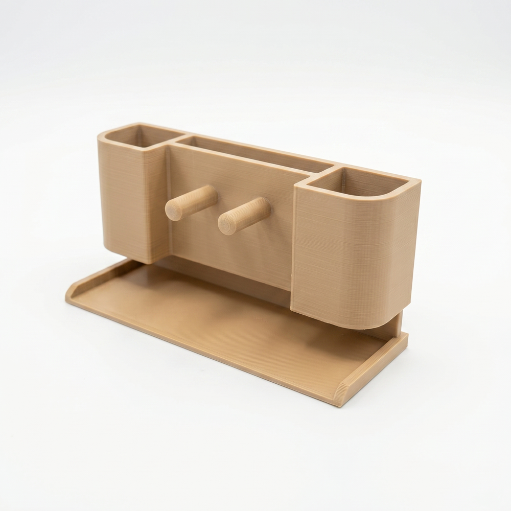 Beige desk organizer with multiple compartments on a white background