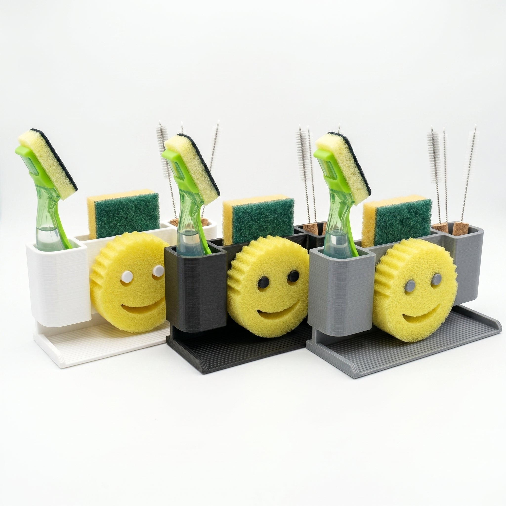 Cleaning tool set with smiley face designs in a holder on a white background