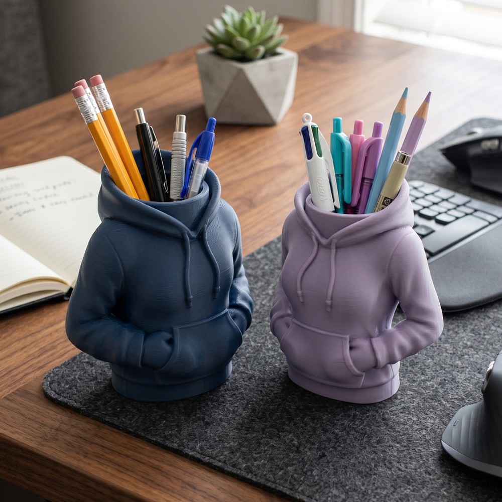 Two hoodie-shaped pen holders with pens on a desk.