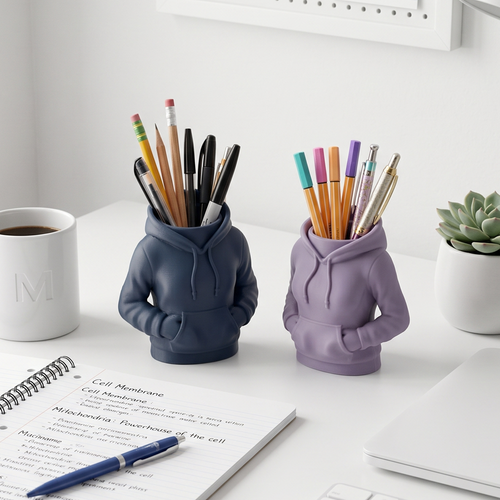 Two hoodie-shaped pencil holders on a desk with stationery items.